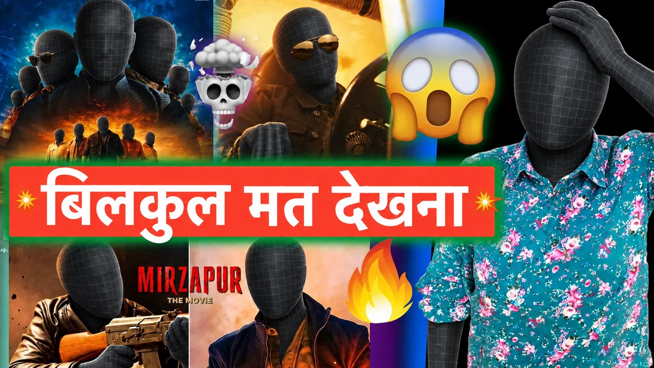 A poster collage, reaction pose and bright headline banner.