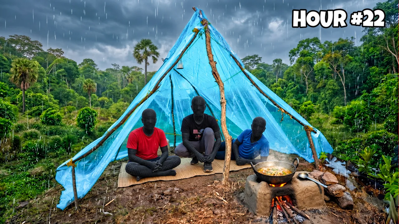 A group shelters from the rain with a prominent elapsed-time label.