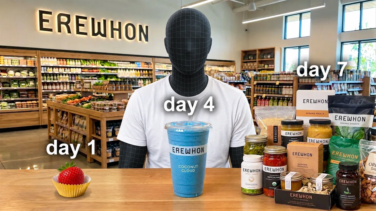 A day-by-day grocery timeline surrounds the central presenter.