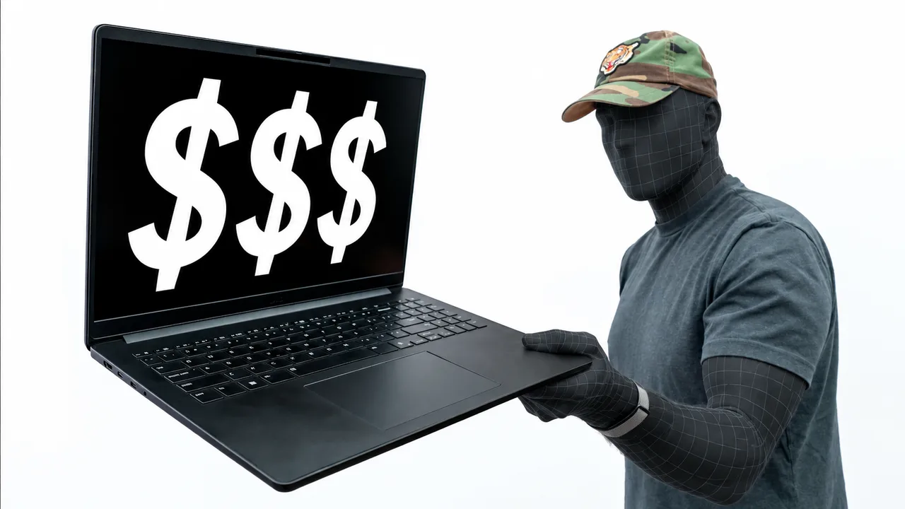 A laptop held toward the viewer with a large price-led headline.