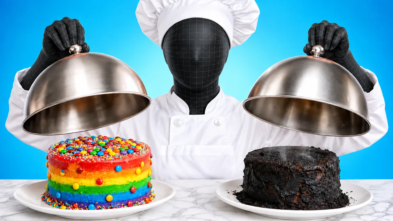 A split composition compares a polished cake with a failed attempt.