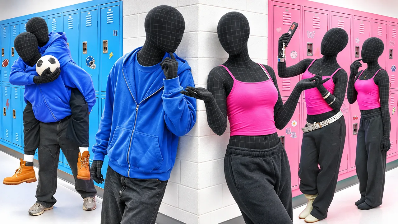 Two groups face off in a bright school-themed split layout.