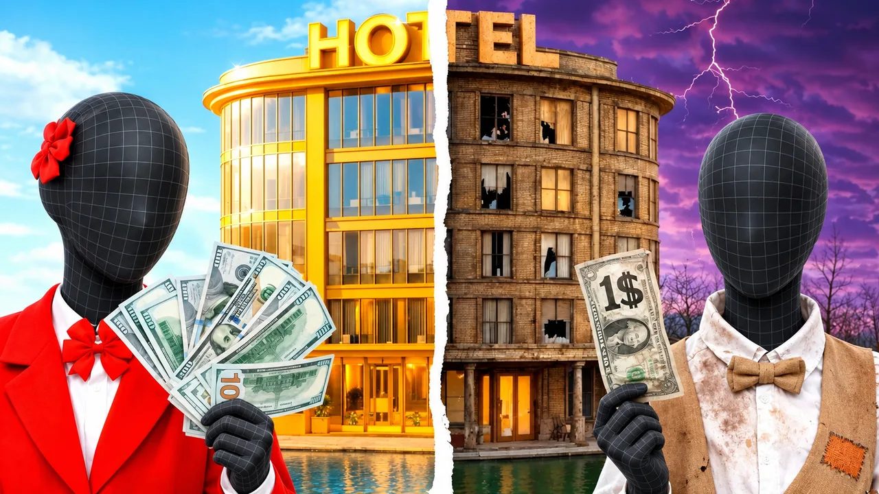 A split hotel scene contrasts luxury with a low-cost stay.