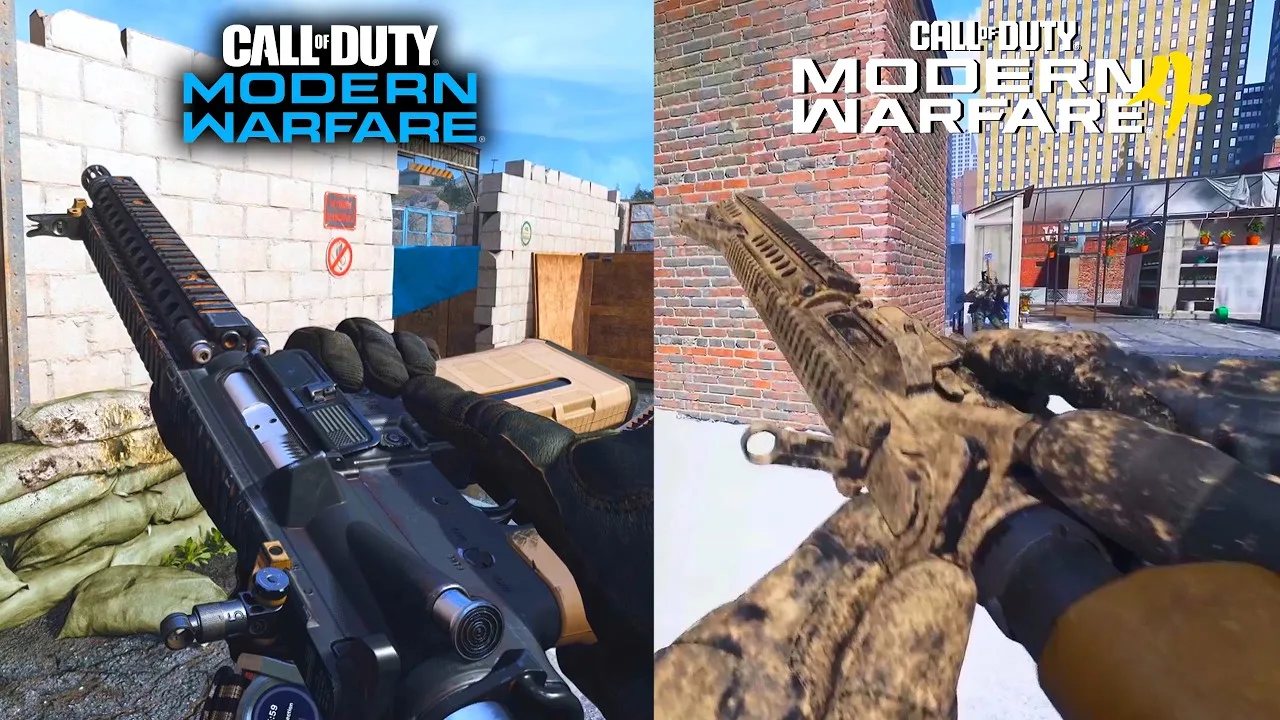A split first-person view compares two game renderings.