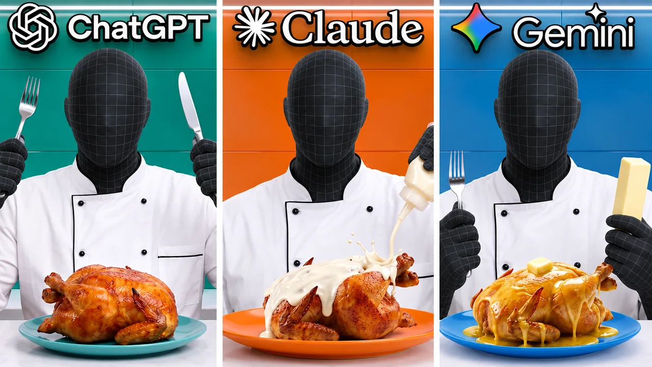 Three chefs and their dishes represent competing AI tools.