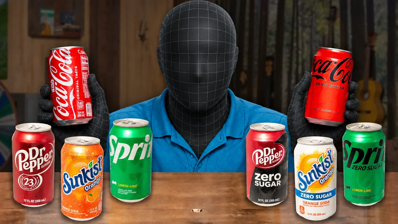 A presenter holds two cans above a lineup of competing drinks.