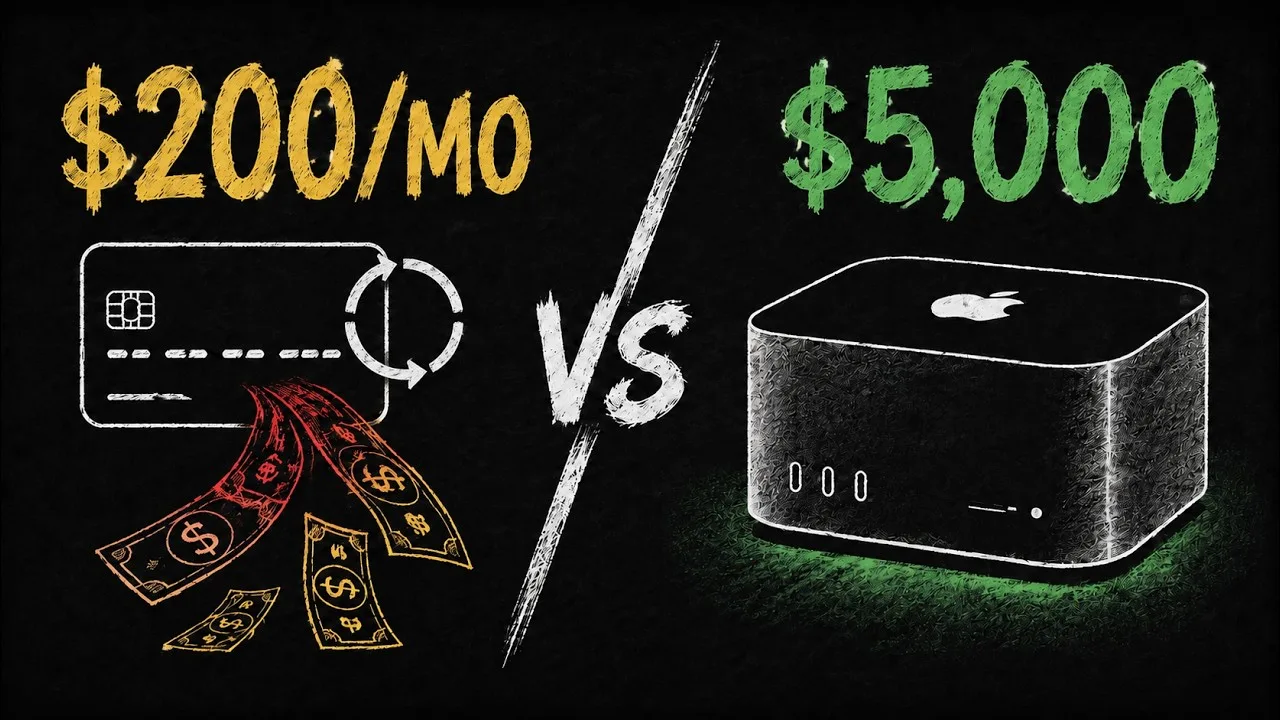 A chalkboard-style cost comparison pits a subscription against hardware.
