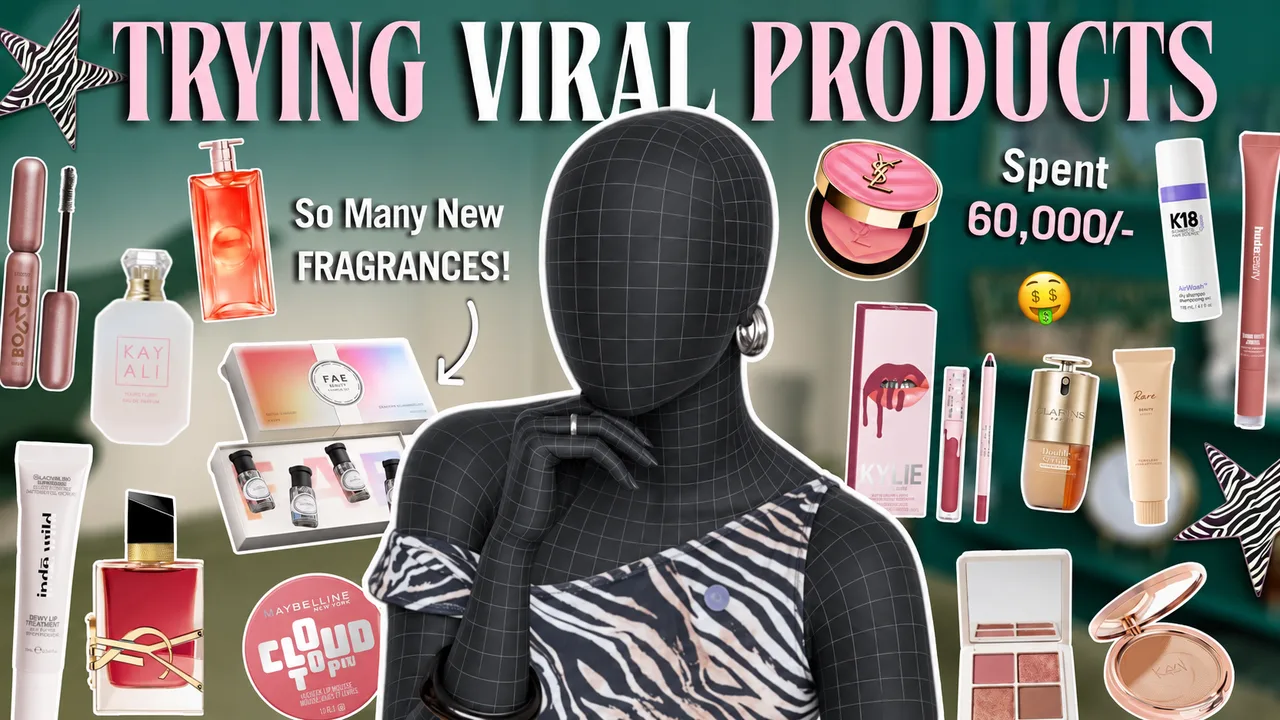A presenter is surrounded by a collection of viral beauty products.