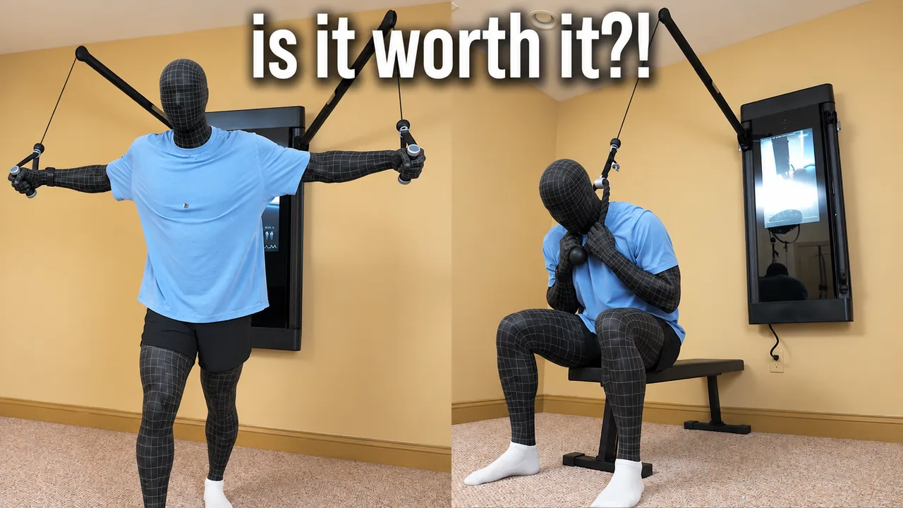 Two exercise poses demonstrate a home workout setup.