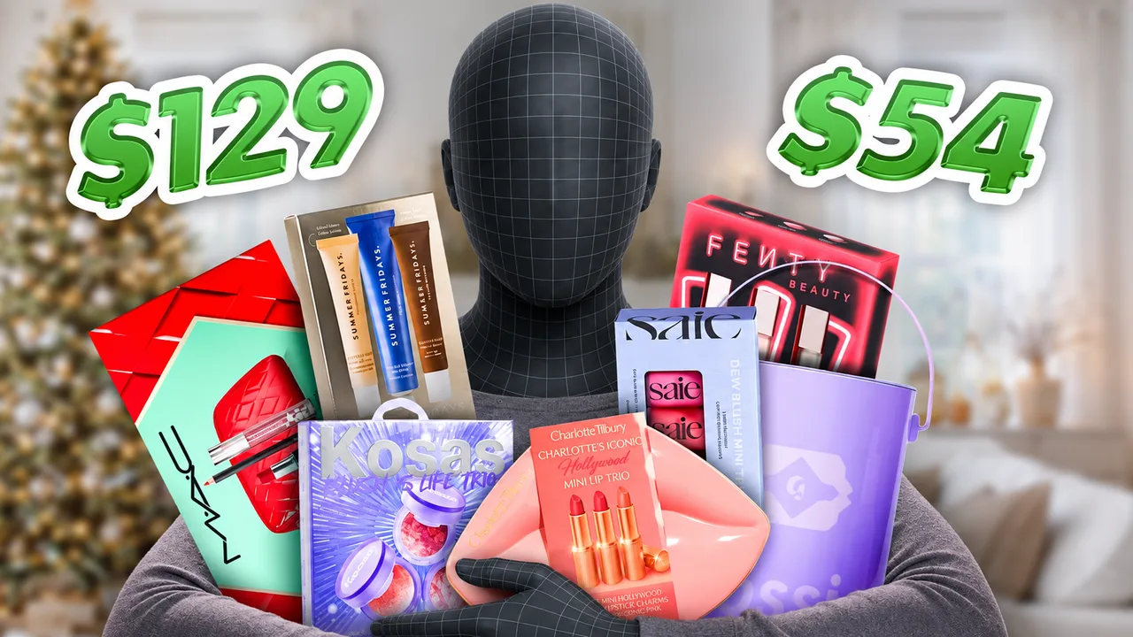 A presenter holds gift sets beneath two oversized price labels.