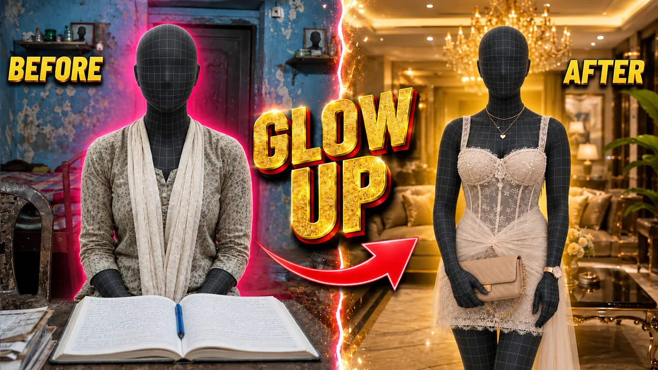 Contrasting rooms and outfits frame a dramatic before-and-after story.