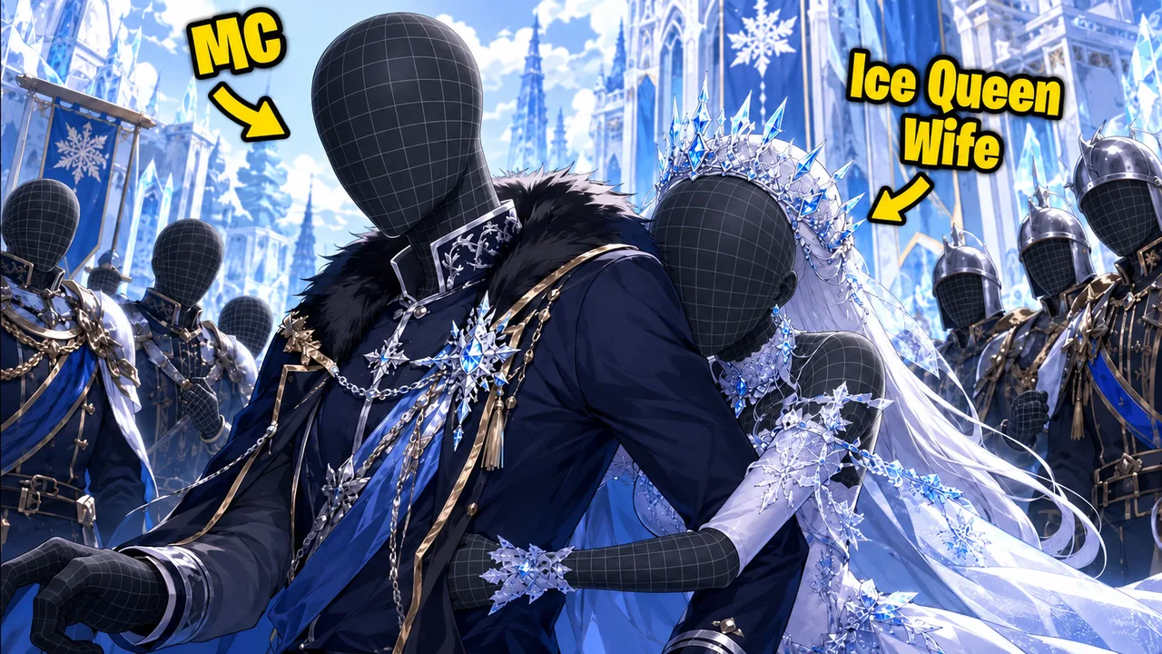 A central fantasy couple and supporting characters fill an icy scene.