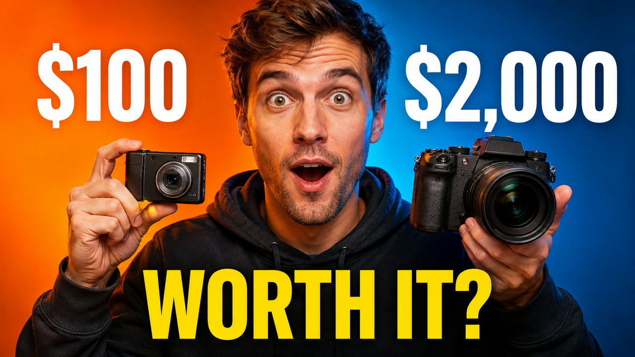 Two cameras with contrasting prices and a surprised creator