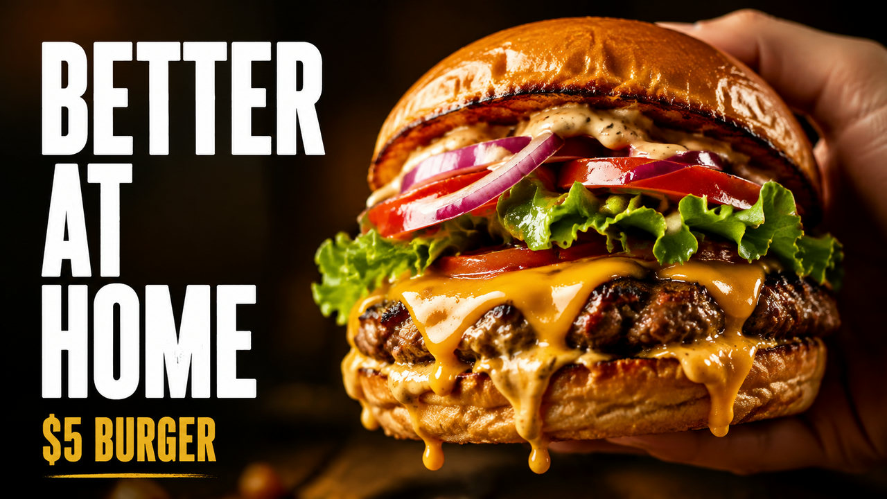 Close-up burger with a bold short headline