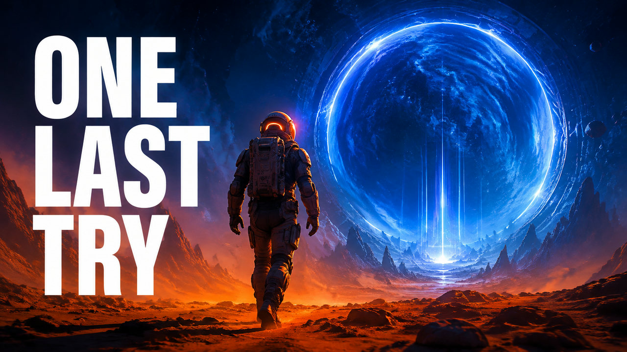 Astronaut facing a glowing portal in an alien landscape